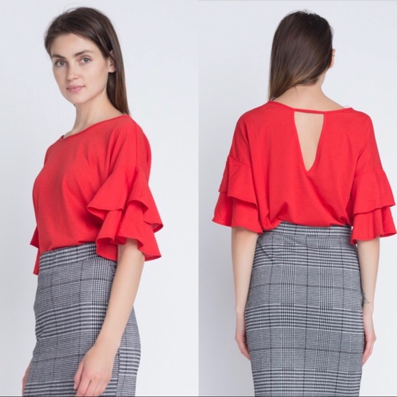 Red ruffle sleeve keyhole cut out  blouse - Picture 2 of 5